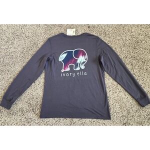Ivory Ella Northern Lights Elephant Long Sleeve Pocket Tee Graystone M NWT